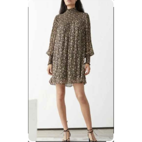& Other Stories Sz 0 Sheer Smocked Mock Neck Lined Floral Print Mini Dress - Picture 2 of 11